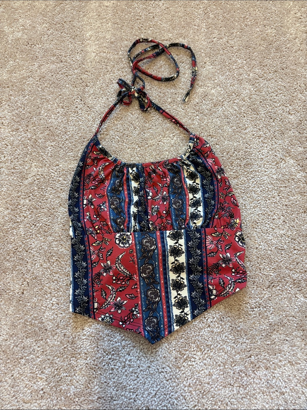 Boho Stripe Floral Halter Crop Top - Red